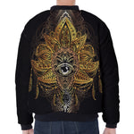 Golden Spiritual Lotus Print Zip Sleeve Bomber Jacket
