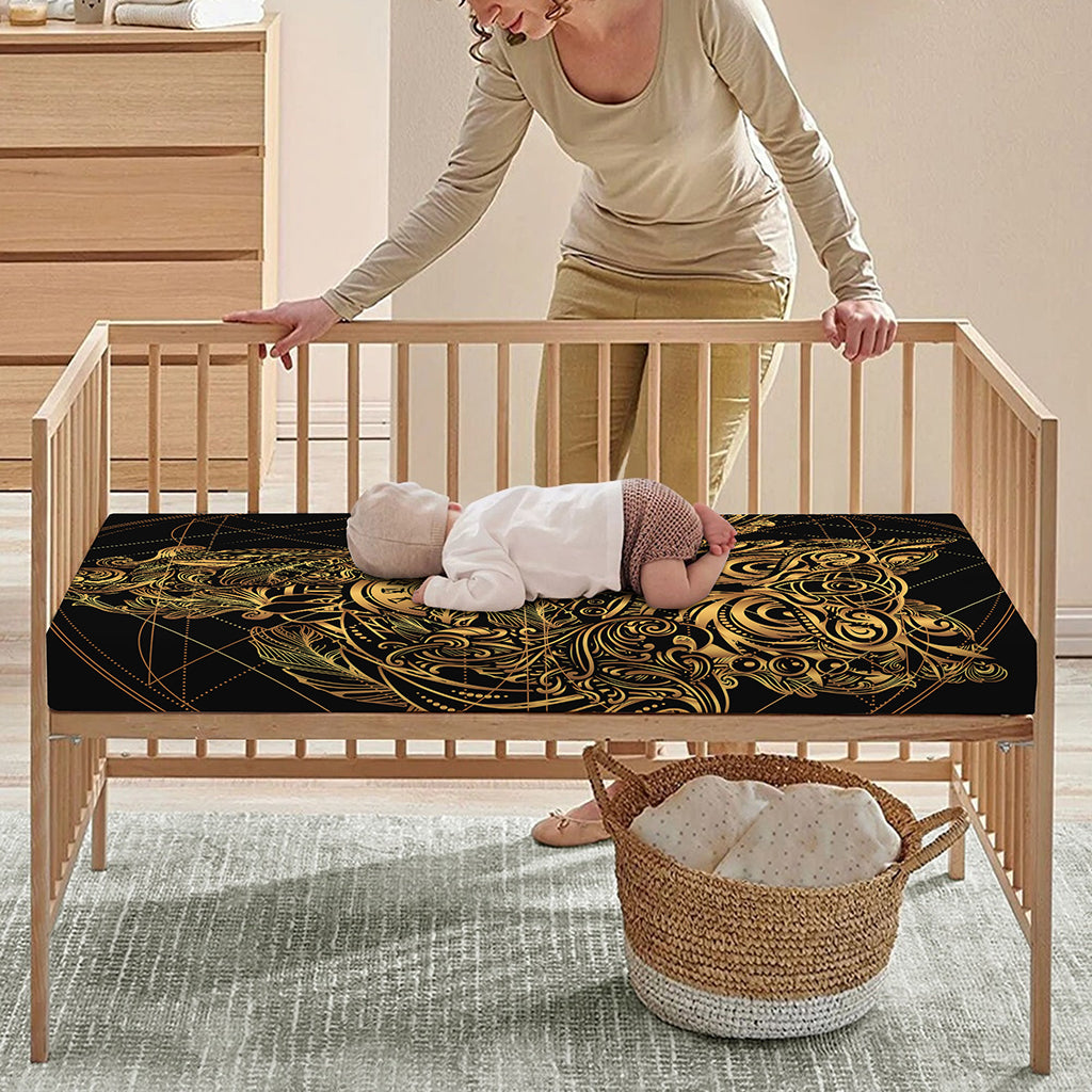 Golden Spiritual Owl Print Baby Crib Sheet