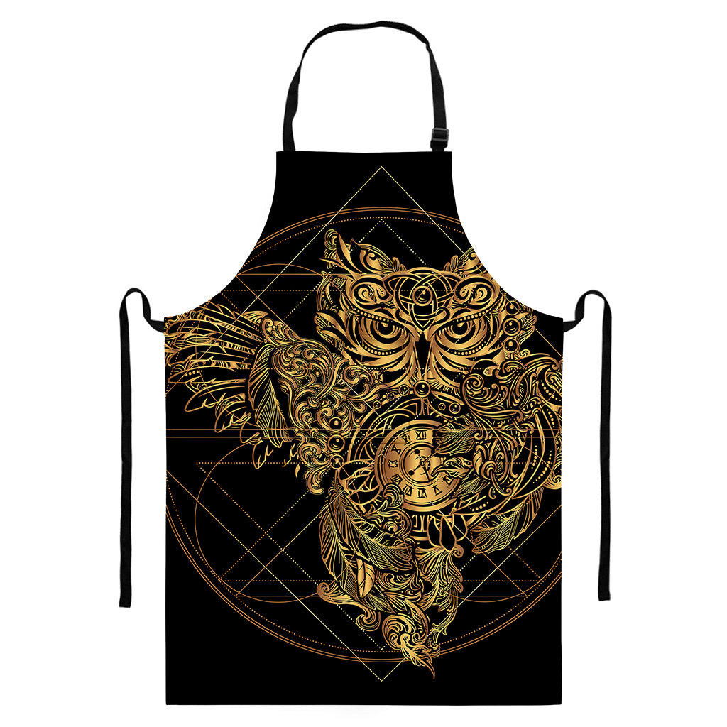 Golden Spiritual Owl Print Bib Apron With Pocket