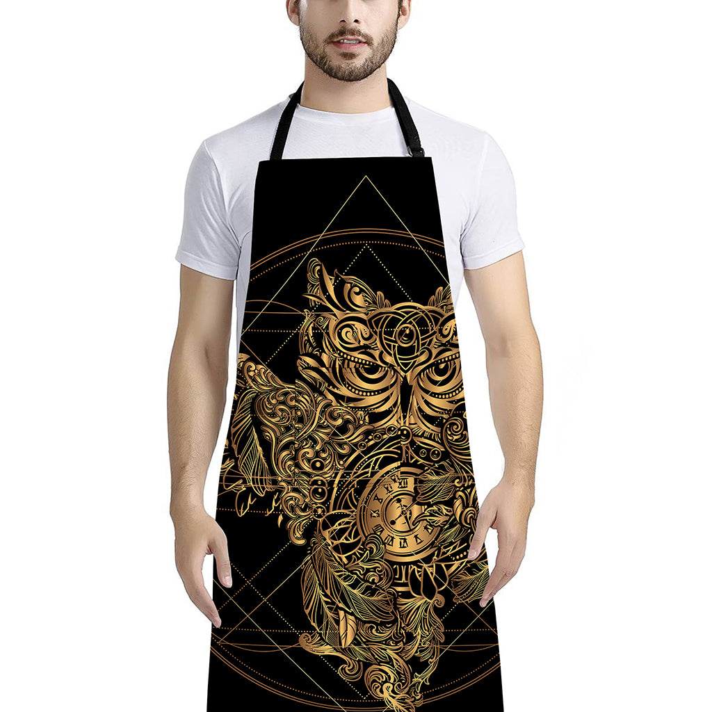 Golden Spiritual Owl Print Bib Apron With Pocket