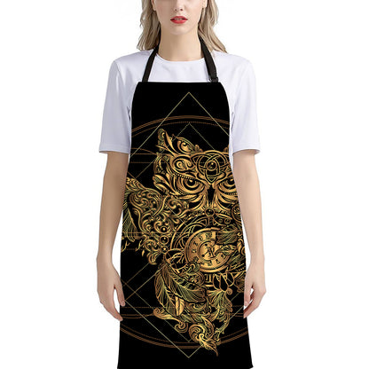 Golden Spiritual Owl Print Bib Apron With Pocket
