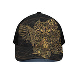 Golden Spiritual Owl Print Black Mesh Trucker Cap