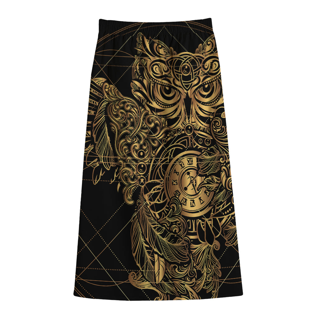Golden Spiritual Owl Print Cotton Front Slit Maxi Skirt