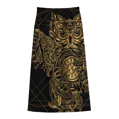 Golden Spiritual Owl Print Cotton Front Slit Maxi Skirt