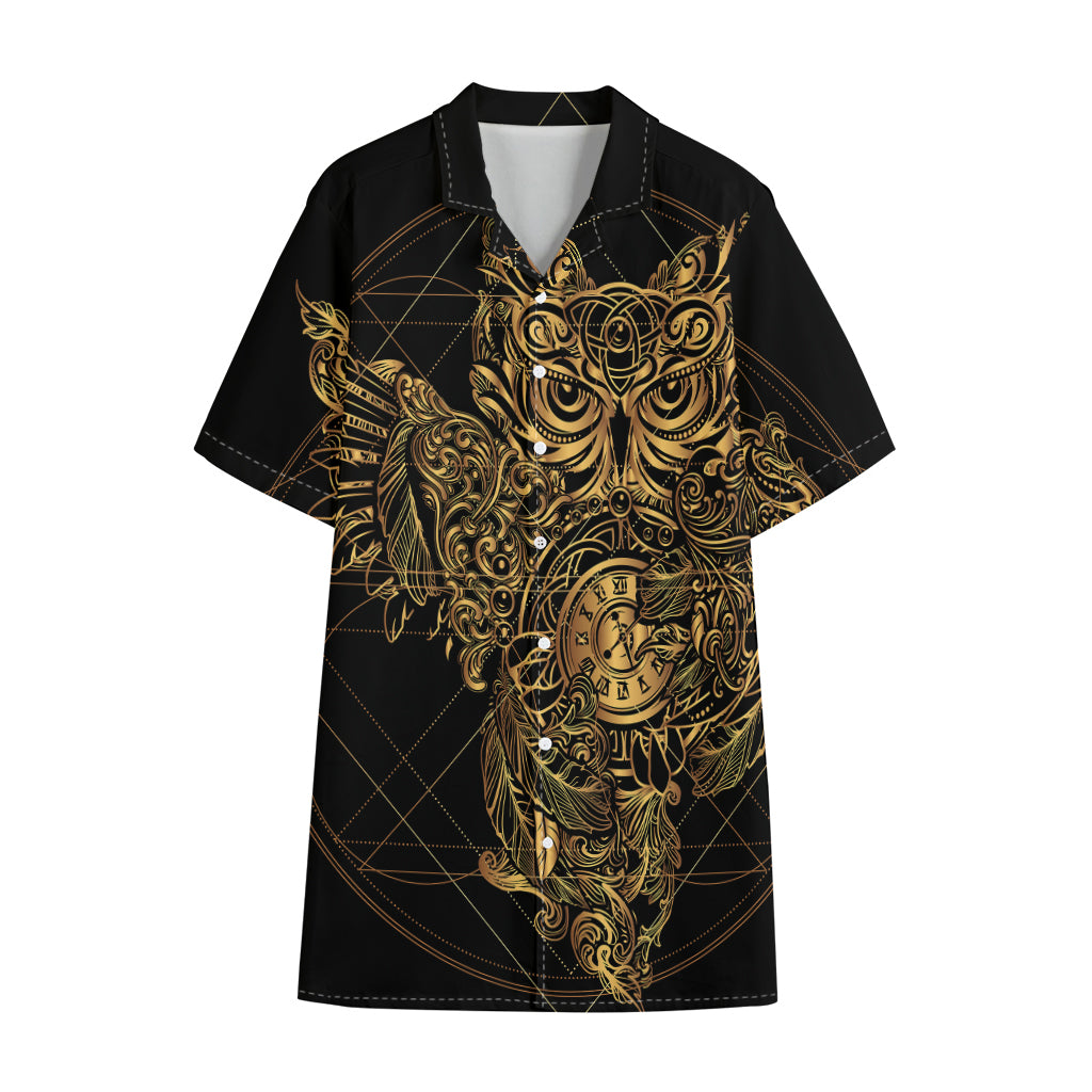 Golden Spiritual Owl Print Cotton Hawaiian Shirt