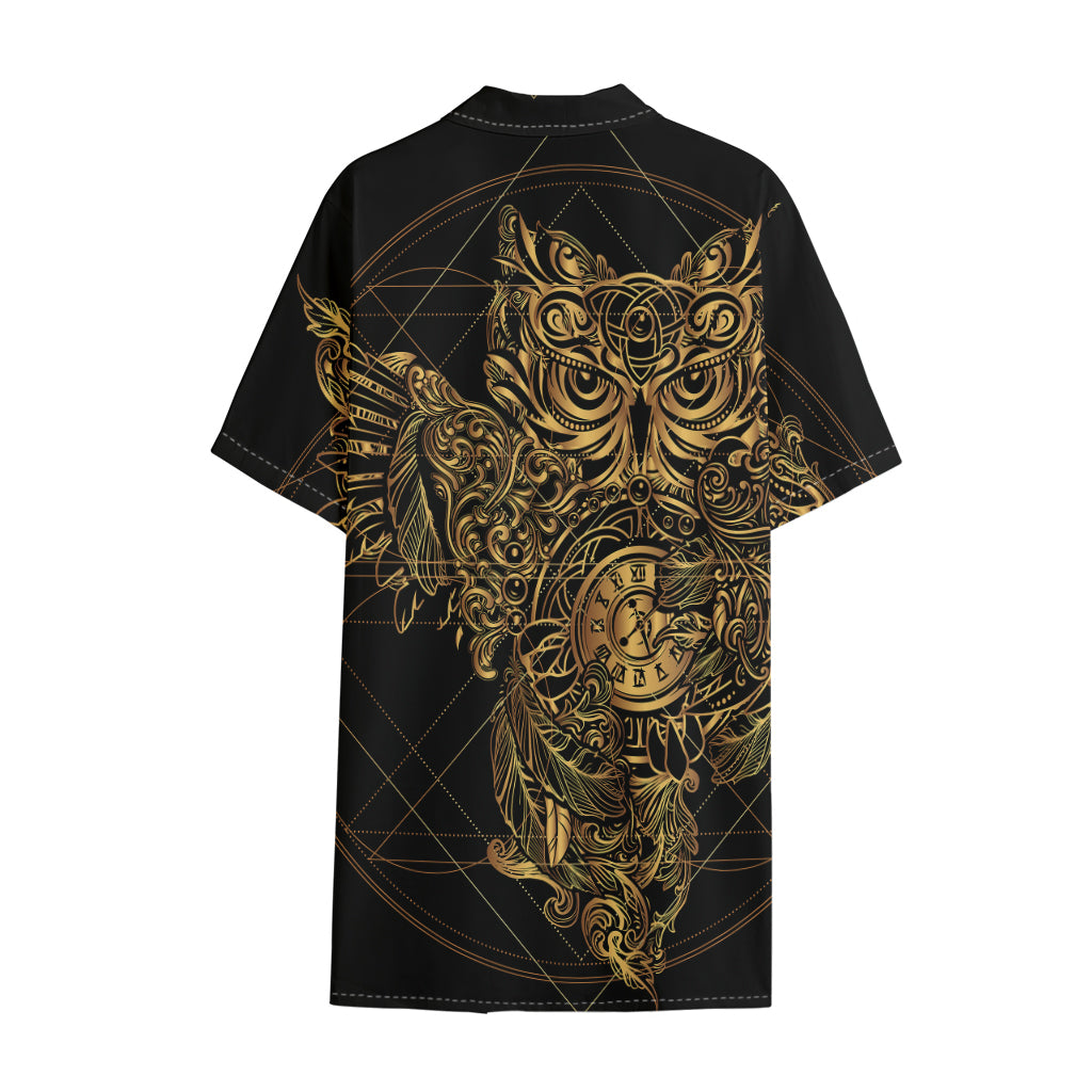 Golden Spiritual Owl Print Cotton Hawaiian Shirt