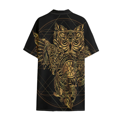 Golden Spiritual Owl Print Cotton Hawaiian Shirt