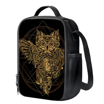 Golden Spiritual Owl Print Crossbody Lunch Bag