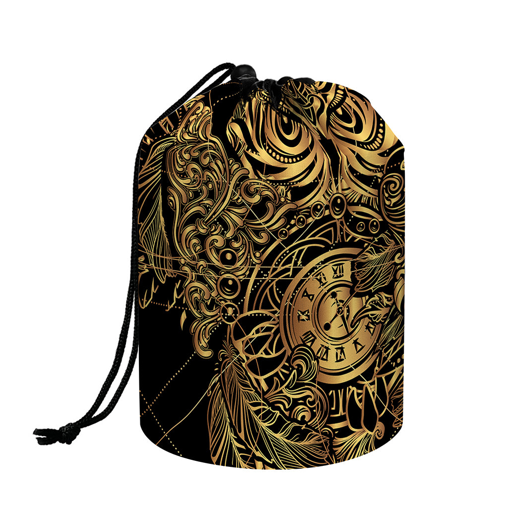 Golden Spiritual Owl Print Drawstring Makeup Bag