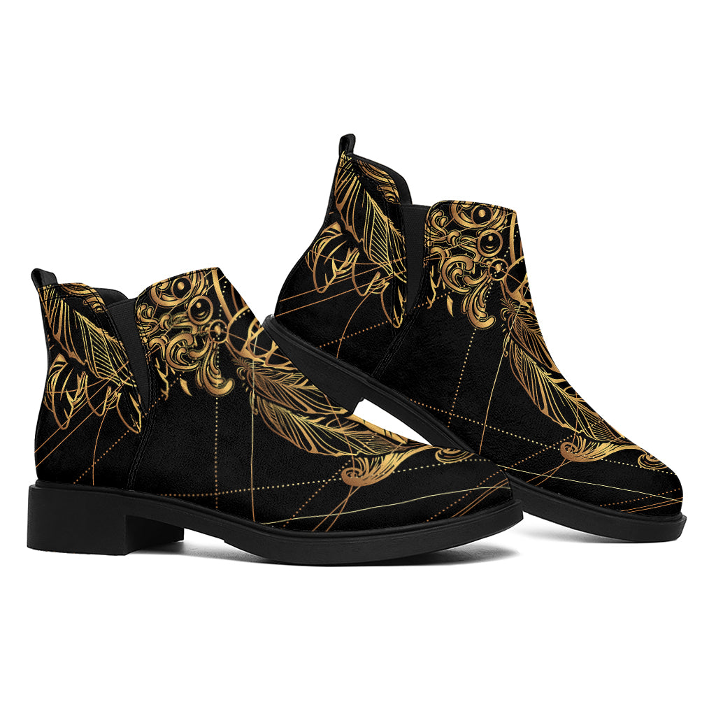 Golden Spiritual Owl Print Flat Ankle Boots