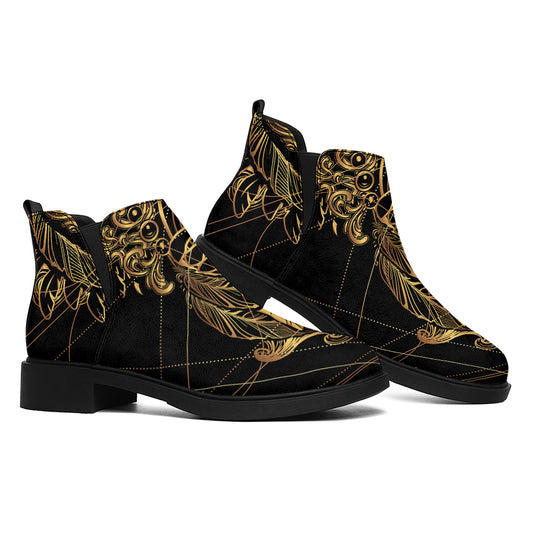 Golden Spiritual Owl Print Flat Ankle Boots