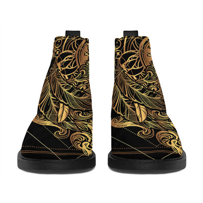 Golden Spiritual Owl Print Flat Ankle Boots