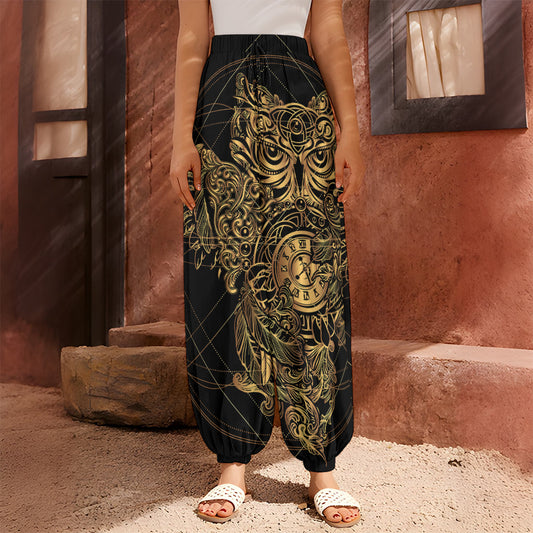 Golden Spiritual Owl Print Harem Pants