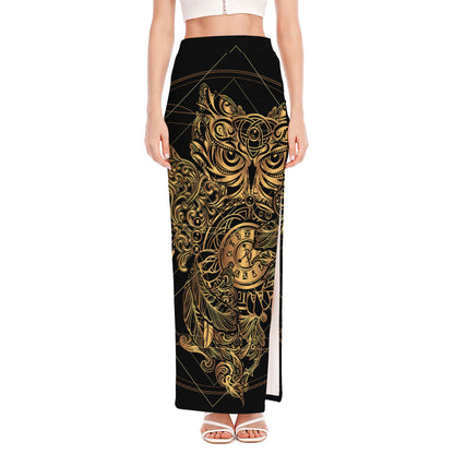 Golden Spiritual Owl Print High Slit Maxi Skirt