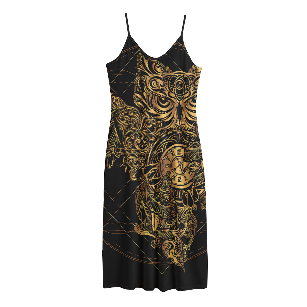 Golden Spiritual Owl Print Jersey Midi Cami Dress