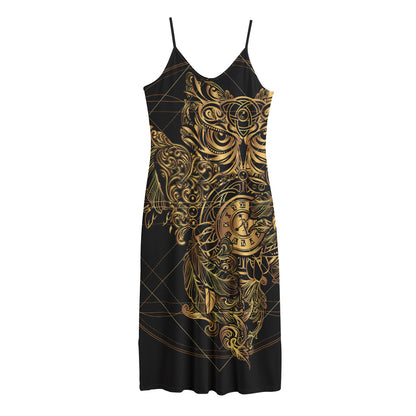 Golden Spiritual Owl Print Jersey Midi Cami Dress
