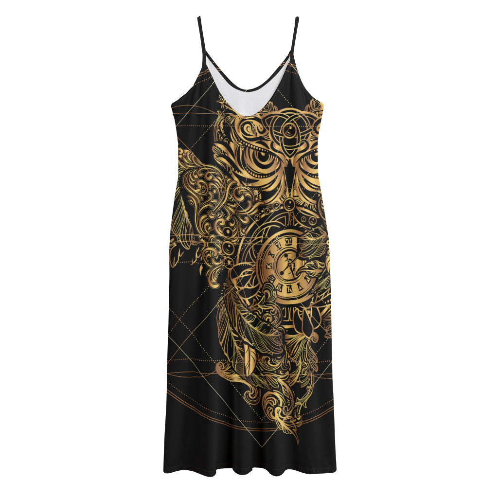 Golden Spiritual Owl Print Jersey Midi Cami Dress