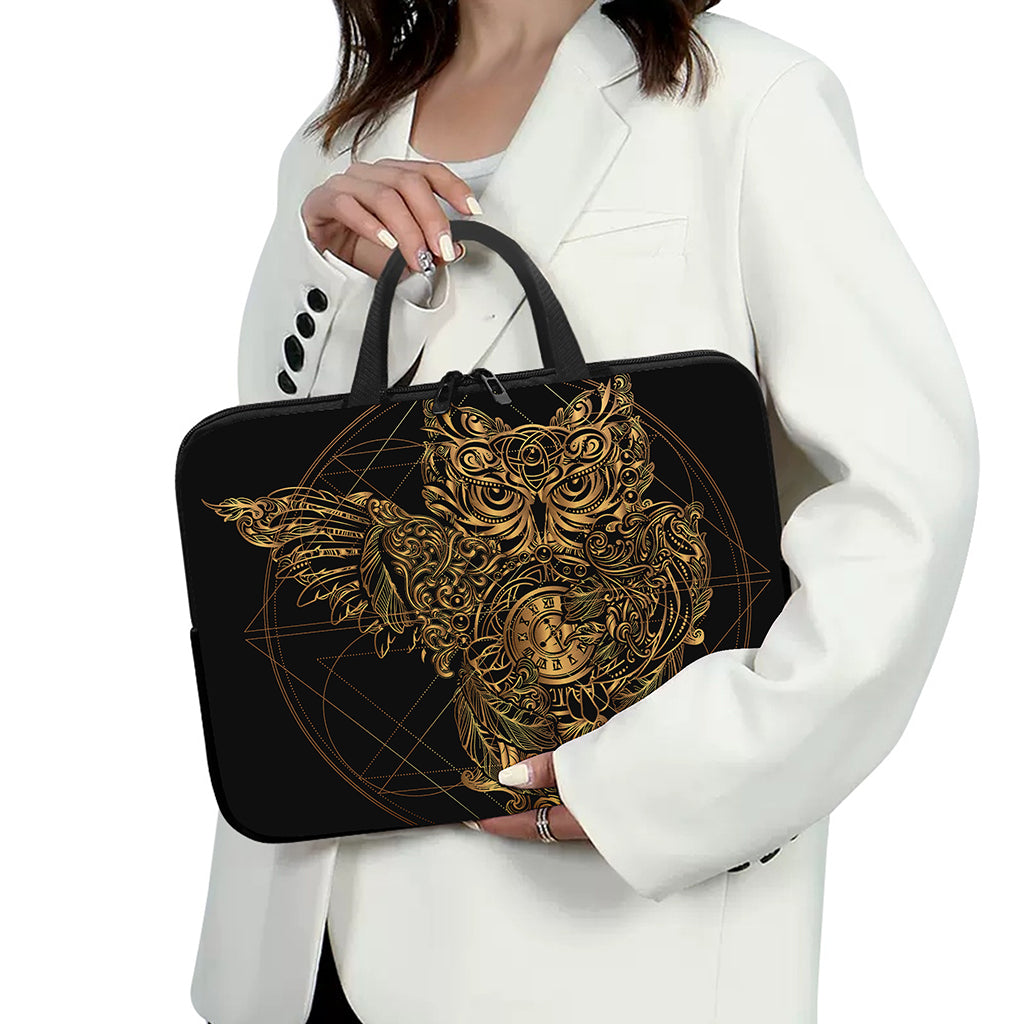 Golden Spiritual Owl Print Laptop Sleeve With Handle