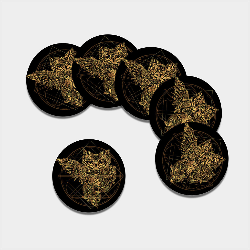 Golden Spiritual Owl Print Leather Coaster Set