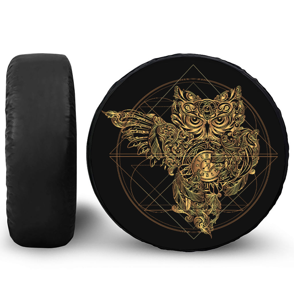 Golden Spiritual Owl Print Leather Spare Tire Cover