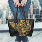 Golden Spiritual Owl Print Leather Tote Bag