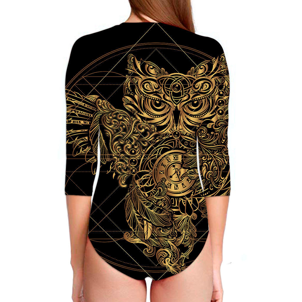 Golden Spiritual Owl Print Long Sleeve Swimsuit
