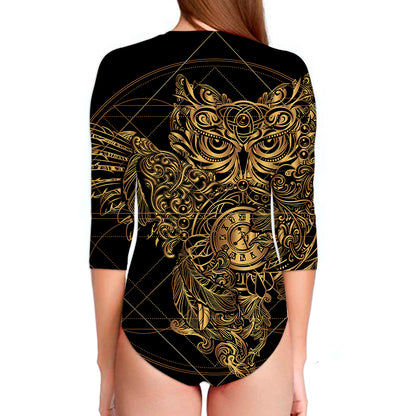 Golden Spiritual Owl Print Long Sleeve Swimsuit