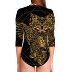 Golden Spiritual Owl Print Long Sleeve Swimsuit