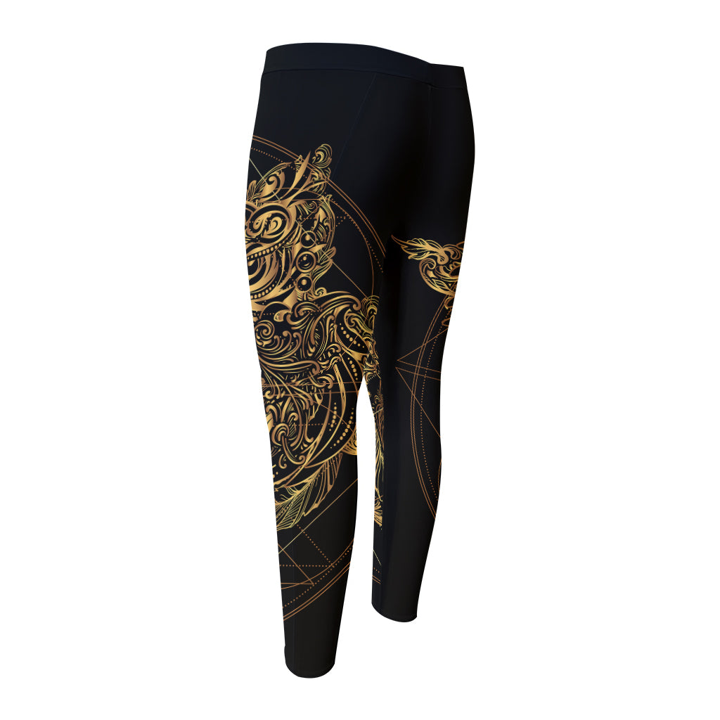 Golden Spiritual Owl Print Men's Compression Pants