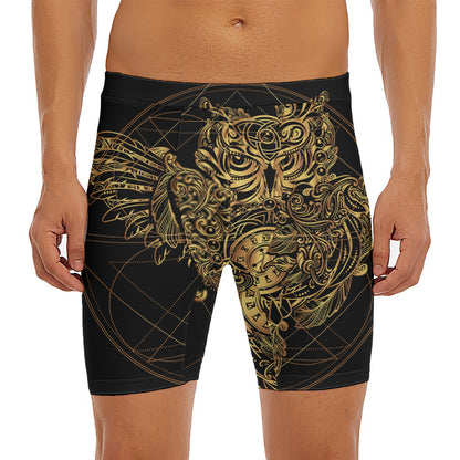 Golden Spiritual Owl Print Men's Long Boxer Briefs