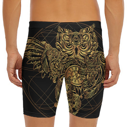 Golden Spiritual Owl Print Men's Long Boxer Briefs