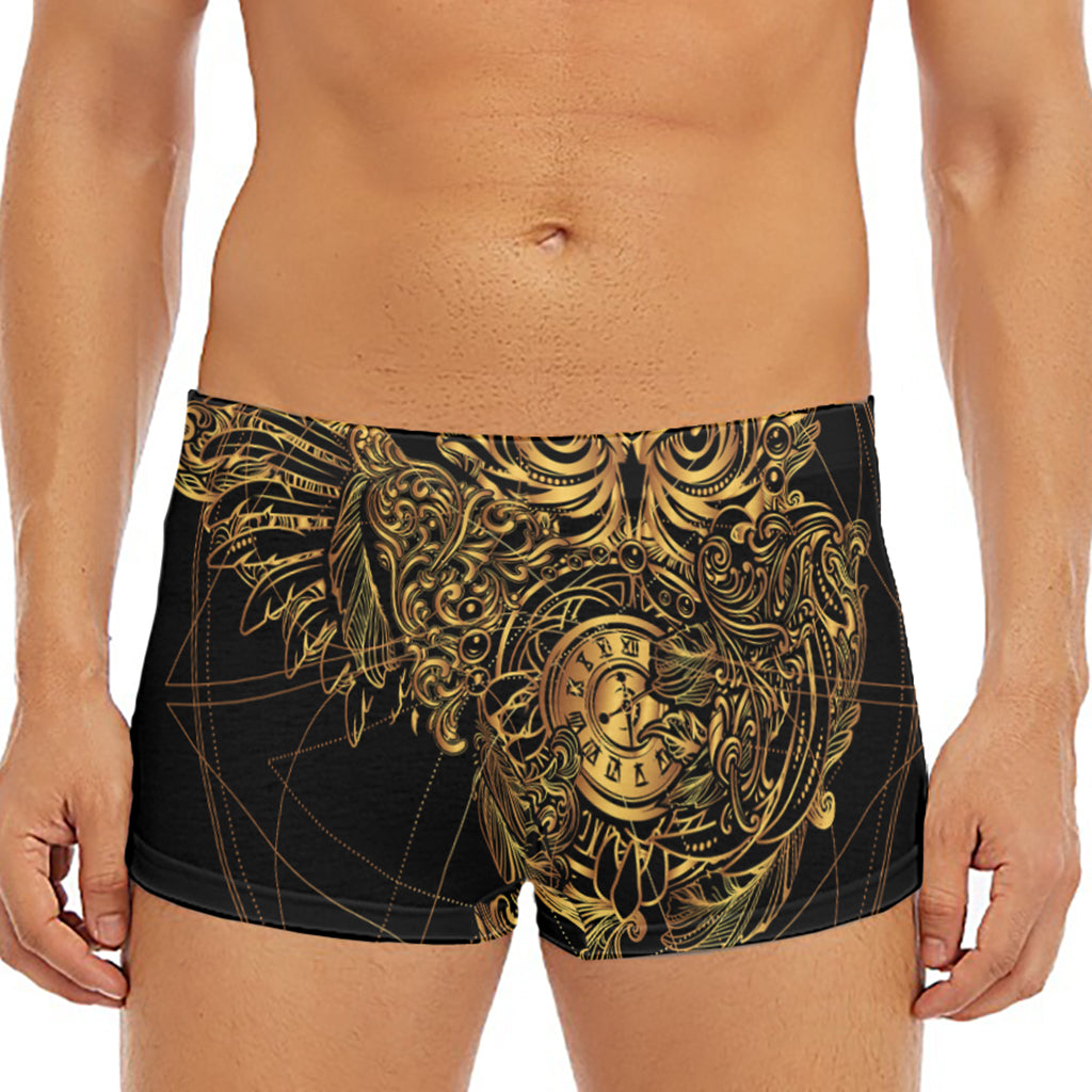 Golden Spiritual Owl Print Men's Short Boxer Briefs