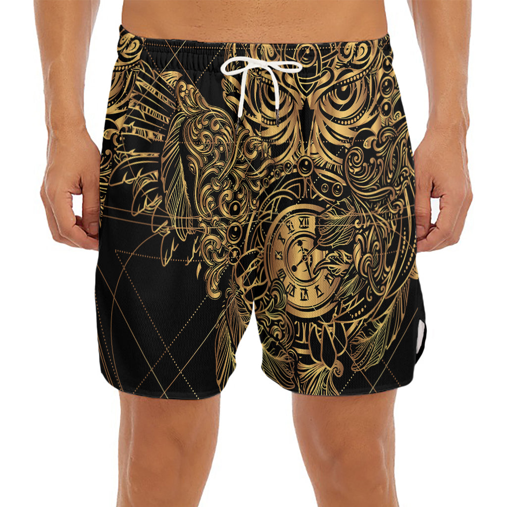 Golden Spiritual Owl Print Men's Split Running Shorts