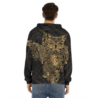 Golden Spiritual Owl Print Men's Velvet Pullover Hoodie