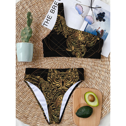 Golden Spiritual Owl Print One Shoulder Bikini Top
