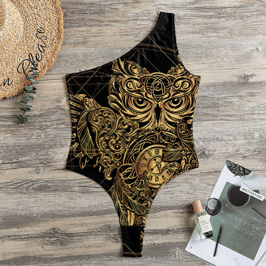 Golden Spiritual Owl Print One Shoulder Bodysuit