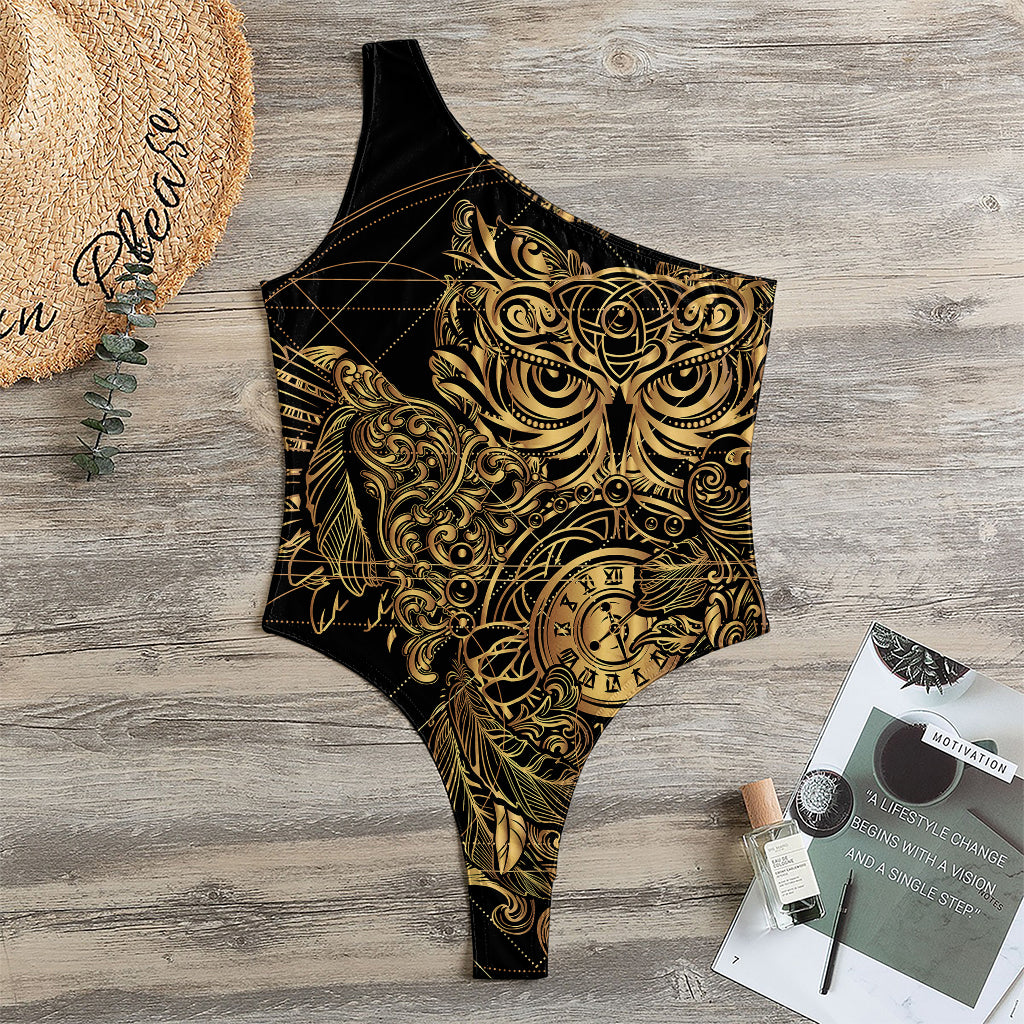 Golden Spiritual Owl Print One Shoulder Bodysuit