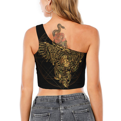Golden Spiritual Owl Print One Shoulder Crop Top