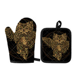 Golden Spiritual Owl Print Oven Mitt And Pot Holder Set