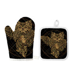 Golden Spiritual Owl Print Oven Mitt And Pot Holder Set