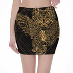 Golden Spiritual Owl Print Pencil Mini Skirt