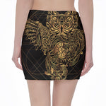 Golden Spiritual Owl Print Pencil Mini Skirt
