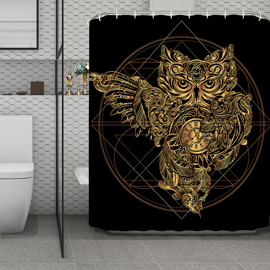 Golden Spiritual Owl Print Polyester Shower Curtain
