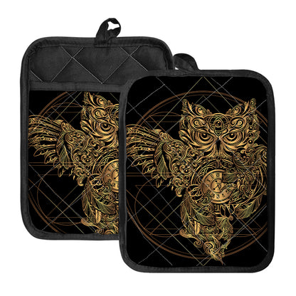 Golden Spiritual Owl Print Pot Holders With Pocket