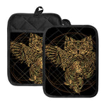Golden Spiritual Owl Print Pot Holders With Pocket