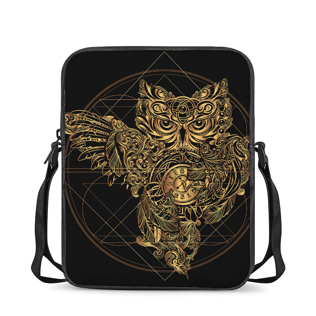 Golden Spiritual Owl Print Rectangular Crossbody Bag
