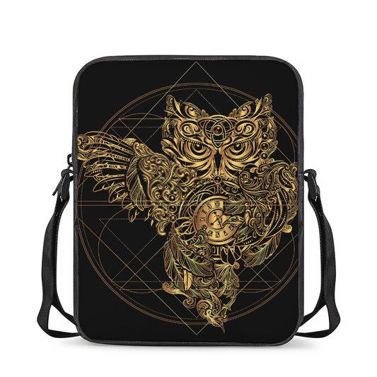 Golden Spiritual Owl Print Rectangular Crossbody Bag
