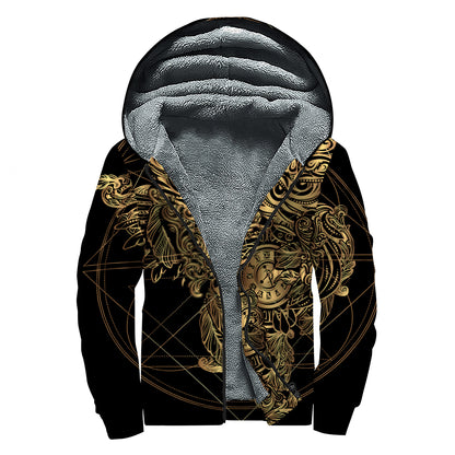 Golden Spiritual Owl Print Sherpa Lined Zip Up Hoodie
