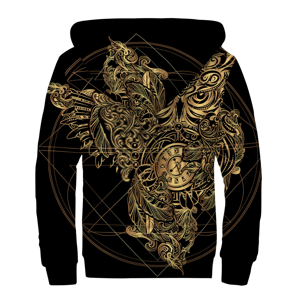 Golden Spiritual Owl Print Sherpa Lined Zip Up Hoodie
