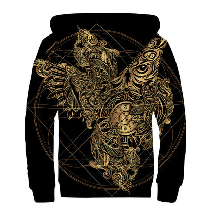 Golden Spiritual Owl Print Sherpa Lined Zip Up Hoodie